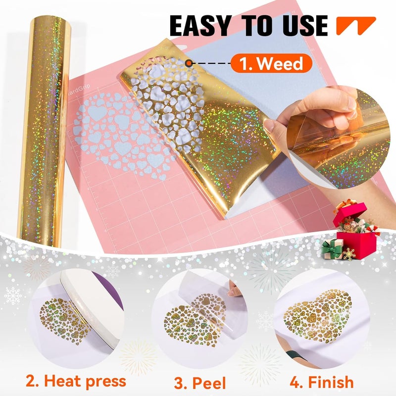 WRAPXPERT Holographic HTV Iron on Vinyl Gold Heat Transfer for T-Shirts, 12''x5ft Rolls Gold Vinyl for DIY Clothing,Stretchable & Washable - Image 3